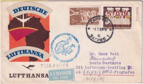 Jugoslawien - DDR Lufthansa Erstflug Leipzig - Heringsdorf Zuleitungspost 1962