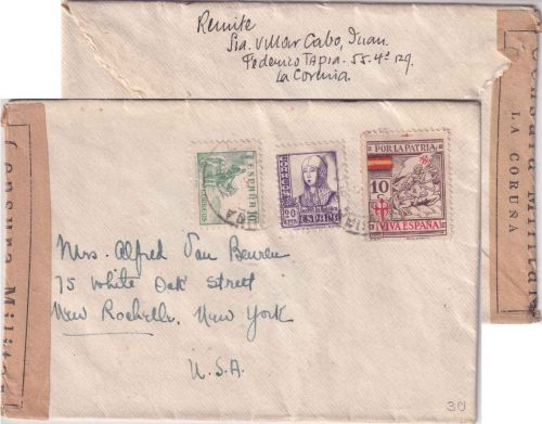 Spanien - 20 C. Isabella u.a. + 10 C. Por la Patria Brief n. USA La Corunia 1937