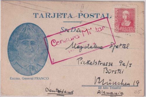 Spanien - 30 C. Isabella Propagandakarte "Franco" San Sebastian 1938 Zensur
