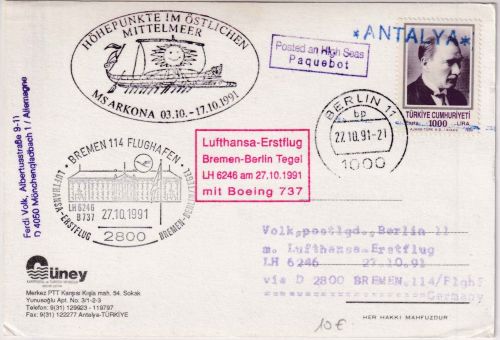 Türkei - Schiffspost + Lufthansa Erstflug Bremen/Berlin Zuleitungspost 1991