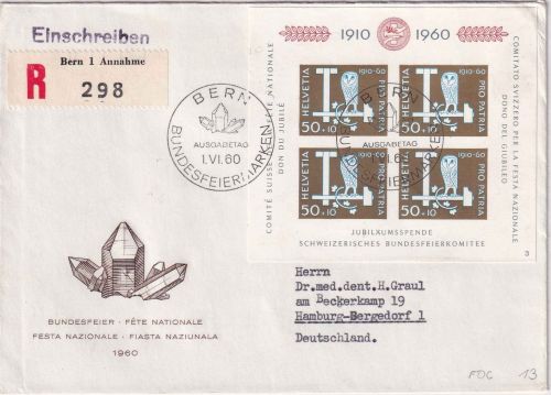Schweiz - 50 J. Bundesfeier Blockausgabe Schmuck-FDC/R-Brief SST Bern 1.6.1960