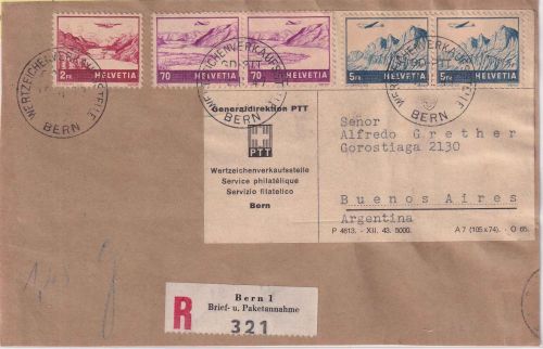 Schweiz 2x5 Fr. Flugpostausg. u.a. Einschreibe-Päckchen-Vds. n. ARGENTINIEN 1947
