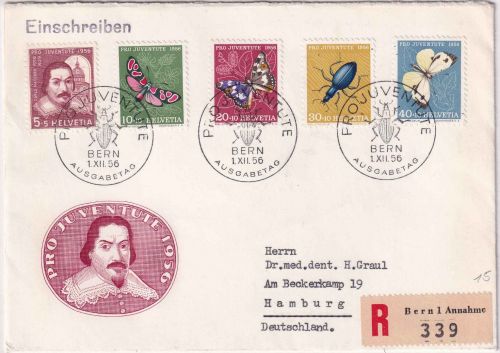 Schweiz - Juventute 1956 (Insekten) Schmuck-FDC/Einschreibebrief ESST Bern