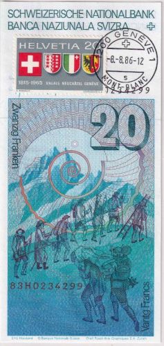 Schweiz - 20 Franken Banknote mit Briefmarke gestpl. Geneve Mont Blanc 8.8.86
