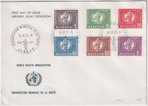 Schweiz/OMS/WHO - WHO-Emblem Satz (6 Werte) Schmuck-FDC ESST Geneve 16.9.57