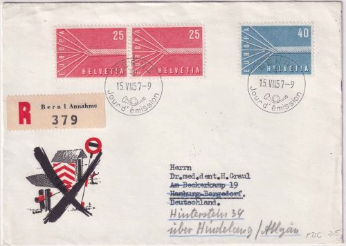Schweiz - Europa 1957 Schmuck-FDC (franz.)/Einschreibebrief ESST Berne