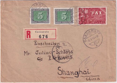Schweiz - 50+2x5 Rp. Pax Einschreibebrief n. CHINA Cassarate - Shanghai 1946
