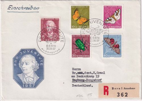 Schweiz - Juventute 1957 (Insekten) Schmuck-FDC/Einschreibebrief ESST Bern
