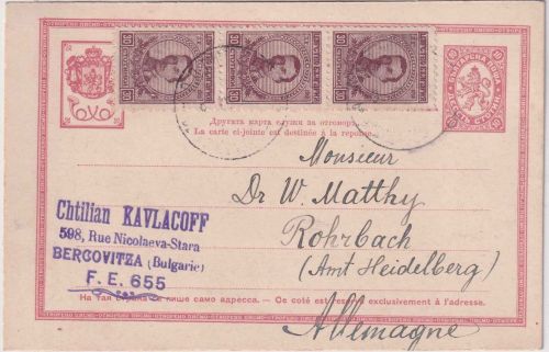 Bulgarien - 10 St. Löwe Ganzsache/Frageteil+Zusatz Bercovitza - Rohrbach 1921
