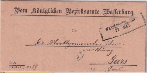 Bayern - Wasserburg a. Inn 1 22. MAI. Aushilfs-Ra2 (1895) Dienstbrief n. Gars