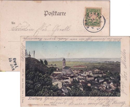 Bayern - Gars I. 25. JAN Aushilfs-L2 Ankunftsstempel Karte v. Kraiburg (1902)