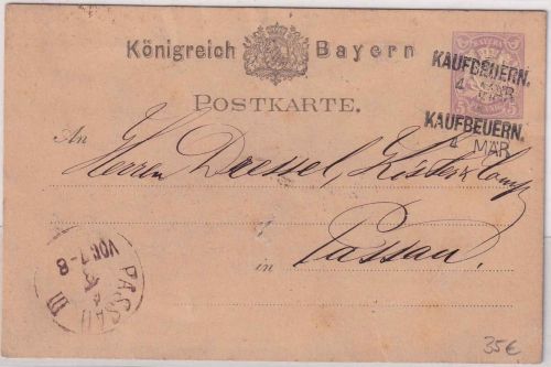 Bayern - Kaufbeuern 4. MÄR. 2x Aushilfs-L2 5 Pfg. Ganzsache n. Passau 1880