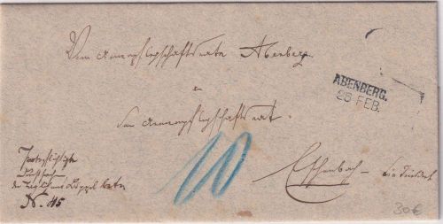 Bayern - Abenberg 26 FEB. Aushilfs-L2 Dienstbrief n. Eschenbach 1896 Nachporto