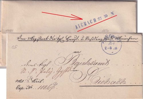Bayern - AICHACH 27.10. viol. Aushilfs-L1 Ank.stpl. Dienstbrief v. München 1871