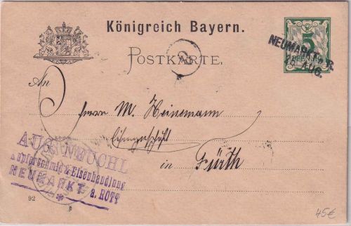 Bayern - Neumarkt a.R. 26. AUG. Aushilfs-L2 5 Pfg. Ganzsache n. Fürth 1892