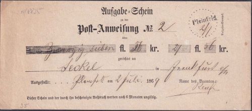 Bayern - Pleinfeld Aushilfs-L1 u. hds. Datum 2/7 Aufgabeschein f. PAnw. 1869