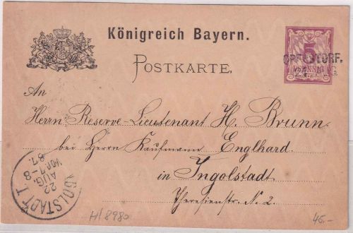 Bayern - Oberstdorf 21. AUG. Aushilfs-L2 5 Pfg. Ganzsache n. Ingolstadt 1887