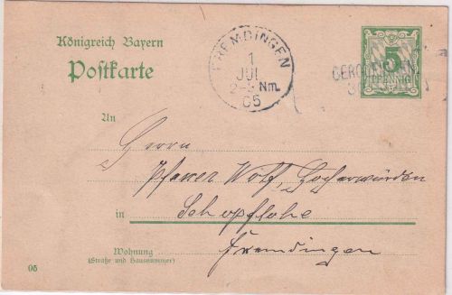Bayern - Gerolfingen 30. JUN Aushilfs-Ra2 5 Pfg. Ganzsache n. Fremdingen 1905