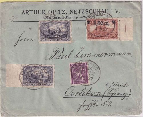 DR - 2x3 M. Wilhelm-Denkmal u.a. Brief i.d. SCHWEIZ Bahnpost Leipzig Hof 1922