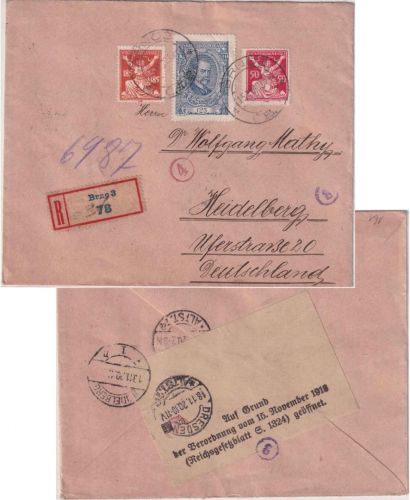 Tschechoslowakei - 125 H. Masaryk u.a. Einschreibebrief Brno 1920 Zensur