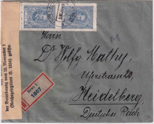 Tschechoslowakei - 2x125 H. Masaryk Einschreibebrief Brno 1920 Zensur