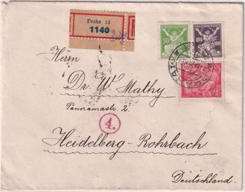 Tschechoslowakei - 300 H. Allegorie u.a. Einschreibebrief Praha 14 1922