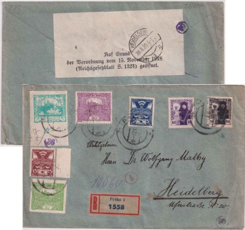 Tschechoslowakei - 80+90 H. Hussit u.a. Einschreibebrief Praha 1920 Zensur