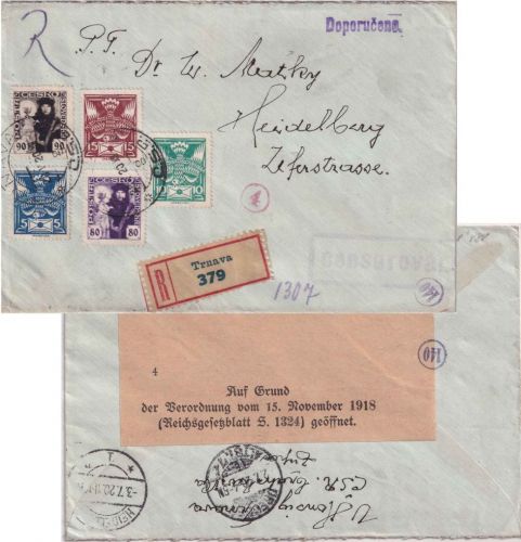 Tschechoslowakei - 80+90 H. Hussit ua. Einschreibebrief Trnava 1920 Doppelzensur