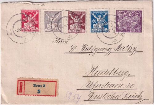 Tschechoslowakei - 200 H. Allegorie u.a. Einschreibebrief Brno - Heidelberg 1920
