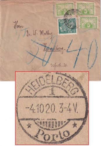 Tschechoslowakei - 100+3x5 H. Allegorie/Eilmarke Brief Teplitz 1920 Nachporto