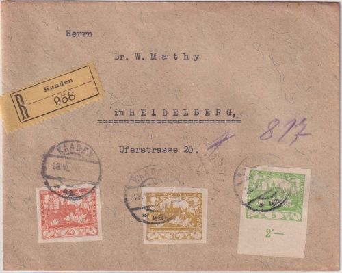 Tschechoslowakei - 40+30+5 H. Hradschin Einschreibebrief Kaaden Heidelberg 1919