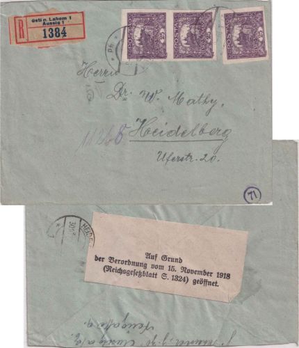 Tschechoslowakei - 3x25 H. Hradschin geschn. Einschreibebrief Aussig 1919 Zensur