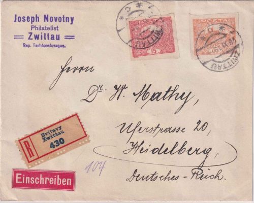 Tschechoslowakei - 60+15 H. Hradschin geschn. Einschreibebrief Svitavy 1919