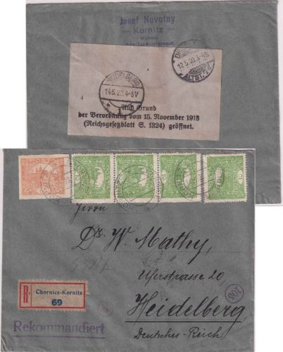 Tschechoslowakei - 60+4x10 H. Hradschin Einschreibebrief Kornitz 1920 Zensur