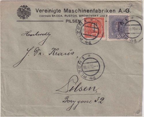 Tschechoslowakei - 30+10 H. österr. Marken "T" Firmen-Ortsbrief Pilsen 18.2.19