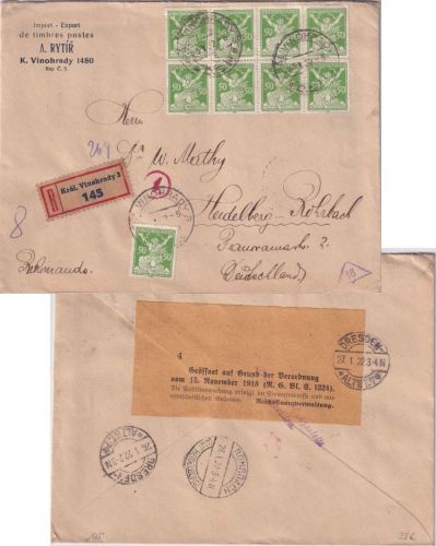 Tschechoslowakei -9x50 H. Republik Einschreibebrief K. Vinohrady 1922