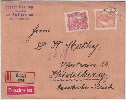 Tschechoslowakei - 60+15 H. Hradschin geschn. Einschreibebrief Svitavy 1919