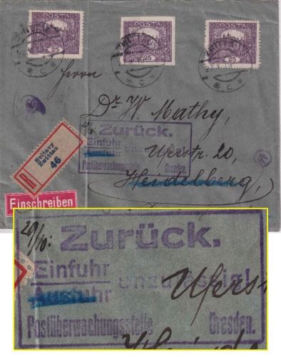 Tschechoslowakei - 3x25 H. Hradschin geschn./gez. Einschreibebrief Svitavy 1919
