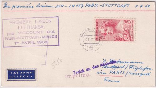 Tschechoslowakei - Lufthansa Erstflug Paris Stuttgart 1962 Zuleitungspost !