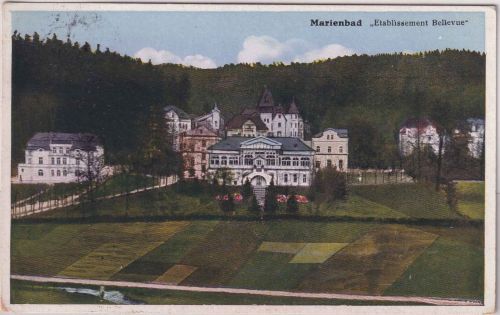 Tschechoslowakei - Marienbad Etablissement Bellevue farb. AK gelaufen 1929