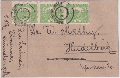 Tschechoslowakei - 3x10 H. Hradschin/gez Karte Mnichovo Hradiste Heidelberg 1920