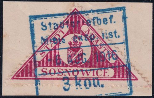 DP Polen - Stadtpost Sosnowice 3 K. Bestellmarke Briefstück 6. AUG 1916