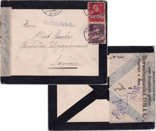 Schweiz/LP Belgien - 10+15 Rp. Tell Trauerbrief Zürich - Namur 1918 Zensur