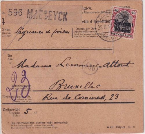 LP Belgien - 50 C./40 Pfg. Germania Paketkarte Maeseyck - Brüssel 1917