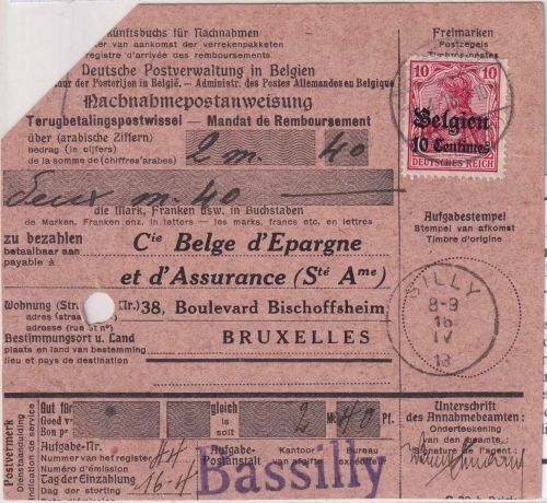 LP Belgien - 10C./10 Pfg. Germania Nachnahmepostanweisung Silly/Bassily 16.4.18