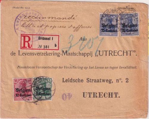 LP Belgien - 2x25+10+5 C. Einschreiben-Geschäftspapiere n. HOLLAND Brüssel 1916