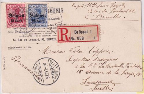 LP Belgien - 25+10+5 C. Einschreibekarte i.d. SCHWEIZ Brüssel - Lausanne 1917