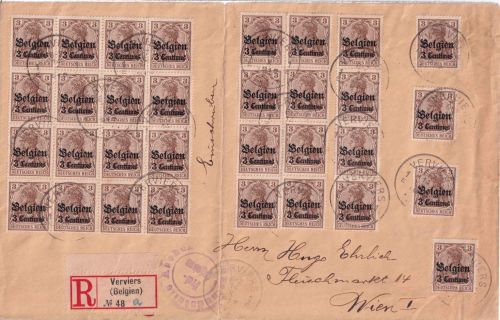 LP Belgien - 32x3 C./3 Pfg. Germania Einschreibebrief n. ÖSTERREICH Vervier 1915