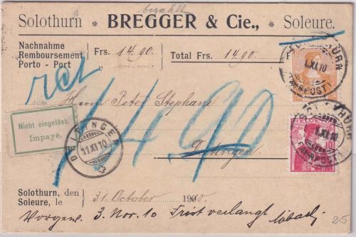 Schweiz - 10+12 Rp. Helvetia Nachnahmekarte Solothrun - Deitingen 1910