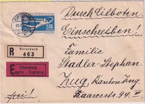 Schweiz - 1 Fr. Abrüstung Eilboten-Einschreibebrief Rorschach - Zug 1932